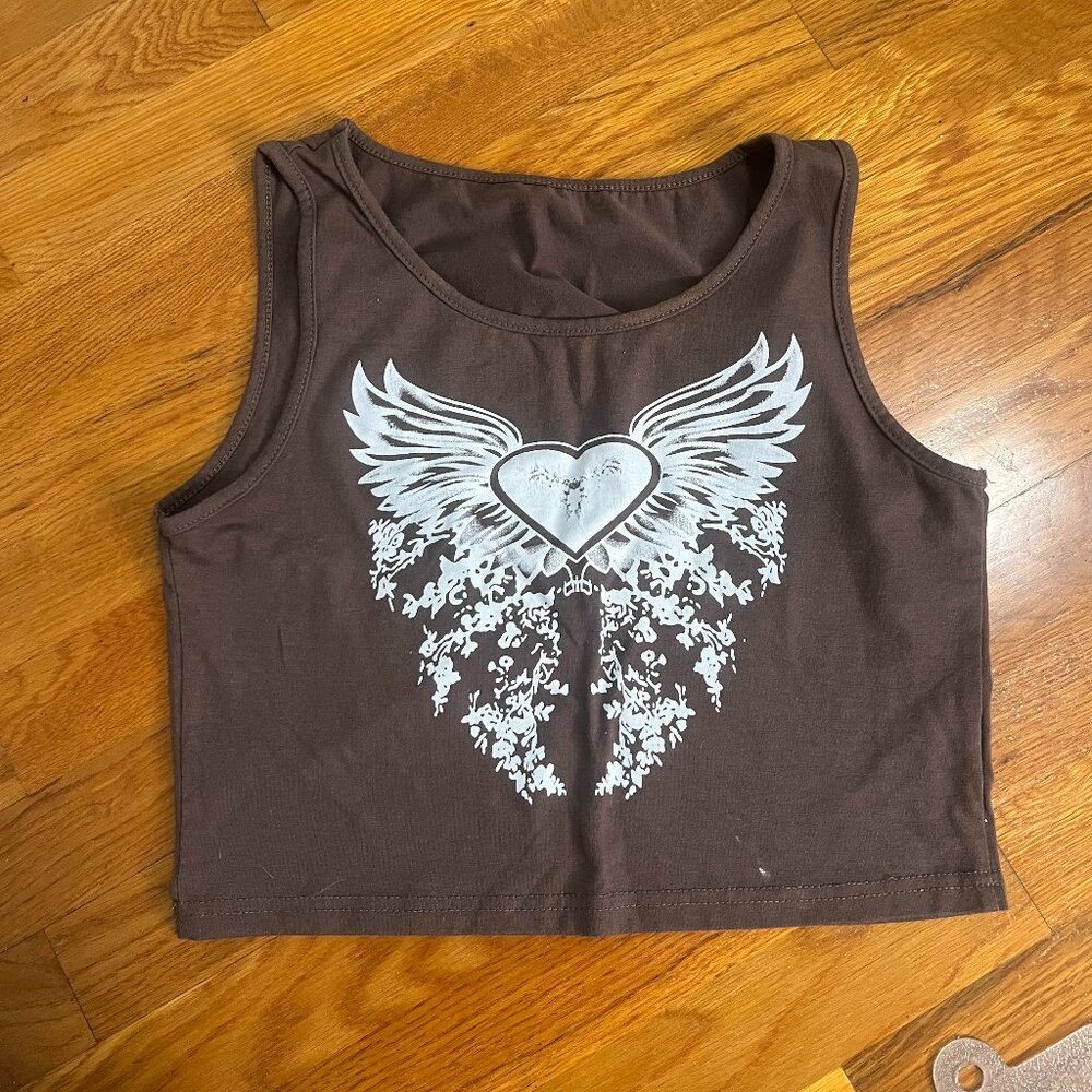Brown Crop Top with Silver Winged Heart Design